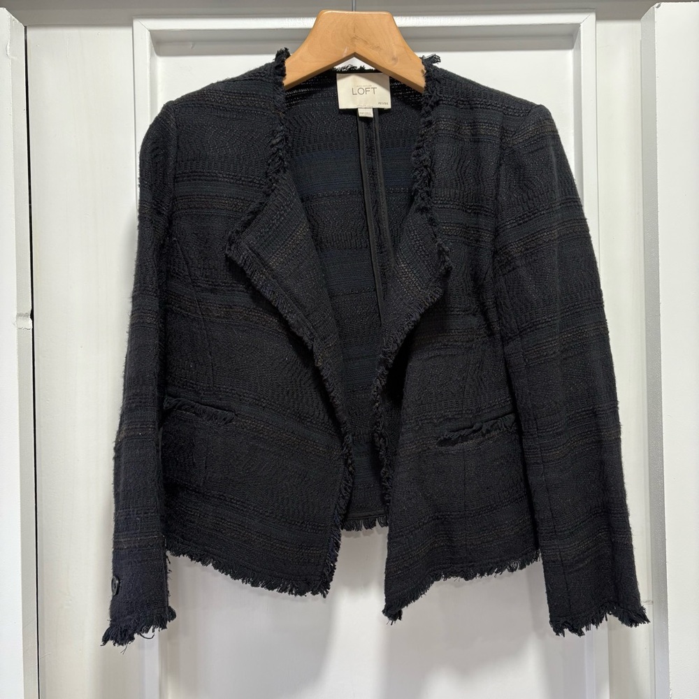 LOFT Black Textured Tweed Fringe Jacket Size 00 Petite